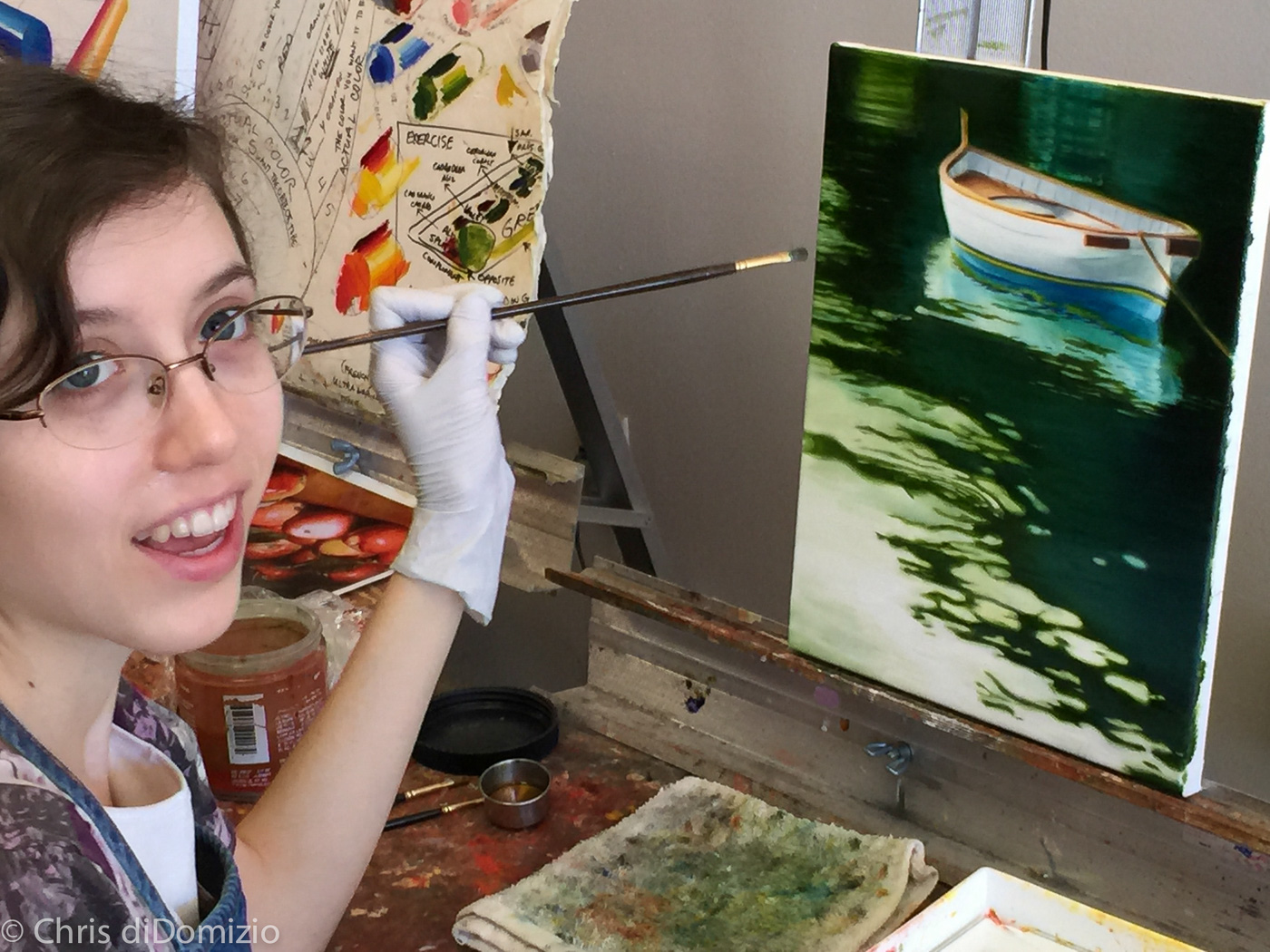 Maggie Frick ,working on her 3rd painting, color exercise: painting with transparent oil paint colors. 